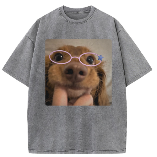 Cute Dog Glasses Washed T-shirt - Image 2