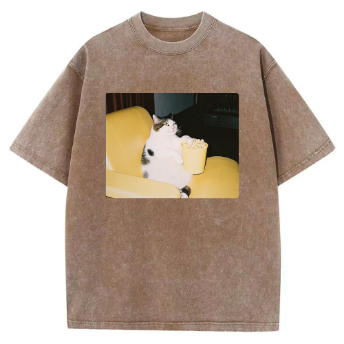 Cool Popcorn Cat Washed T-shirt - Image 4