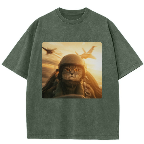 Flying Combat Cat Washed T-shirt - Image 3