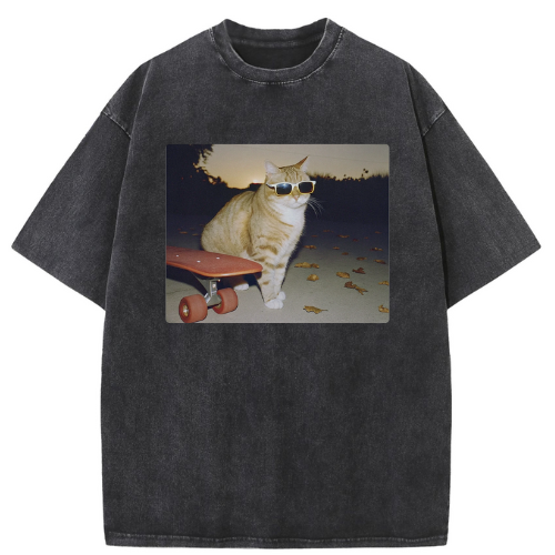 Cool Skateboard Cat Washed T-shirt